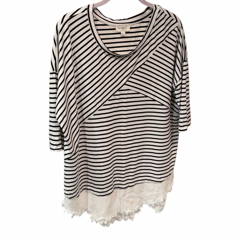 Umgee Striped Long Sleeve Top with Lace Hem